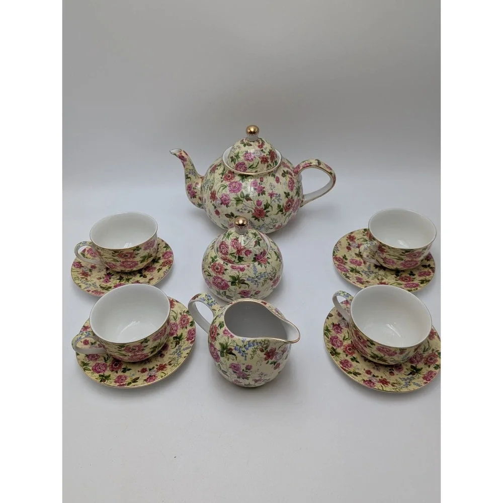 VTG Charlotte Baum Brothers China Yellow & Pink Chintz Floral 13 Pc Set Cups Tea